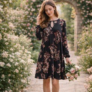 Paisley Grace Floral Swing Dress Black Pink Long Sleeve Keyhole Neck Size L